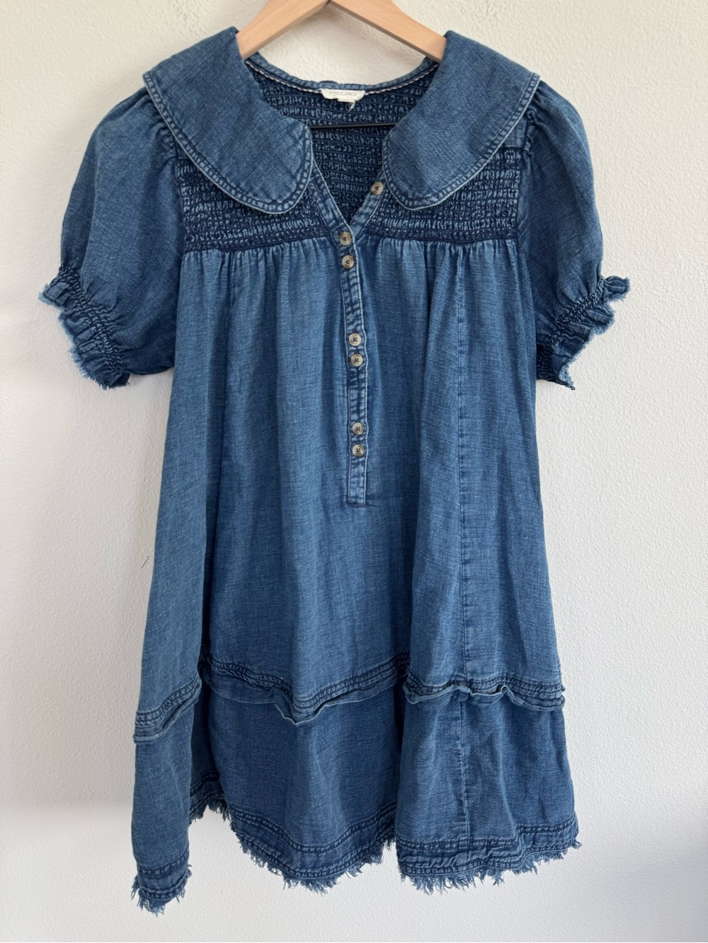 Pilcro Anthropologie Denim Smocked Babydoll Swing Mini Dress Medium - Picture 4 of 13